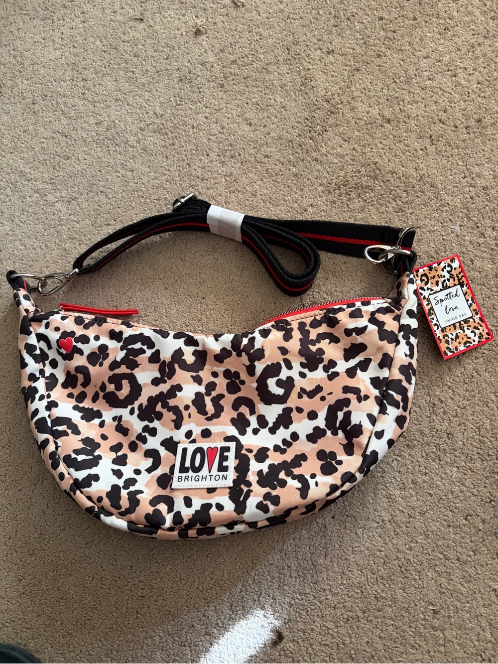 Brighton Leopard Print Crossbody Bag in Tan, Black & Red Accents